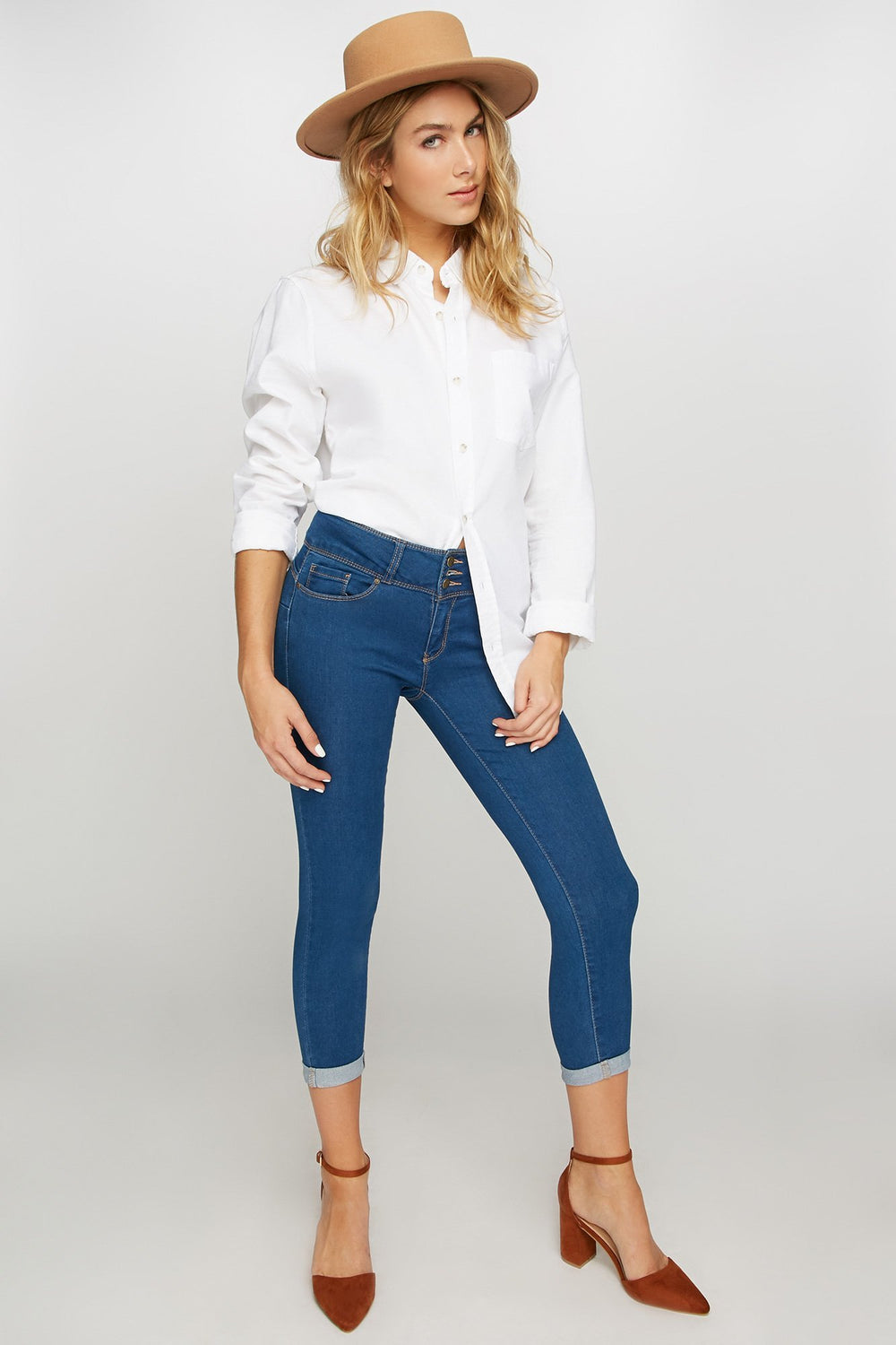 Women Butt I Love You 3-Tier Roll-Up Cropped Jean Medium Blue