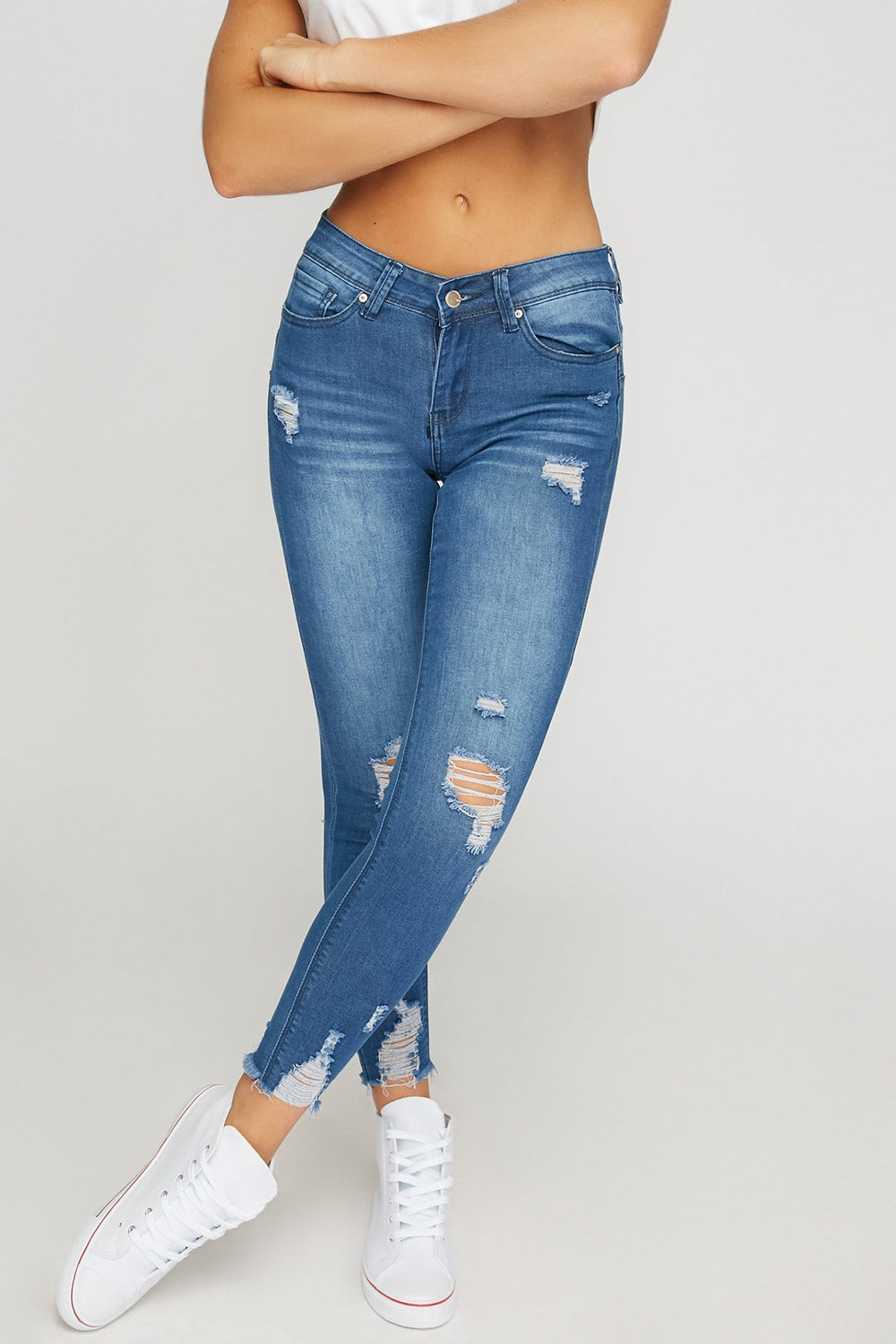 Women Butt I Love You Distressed Frayed Hem Cropped Jean Medium Blue