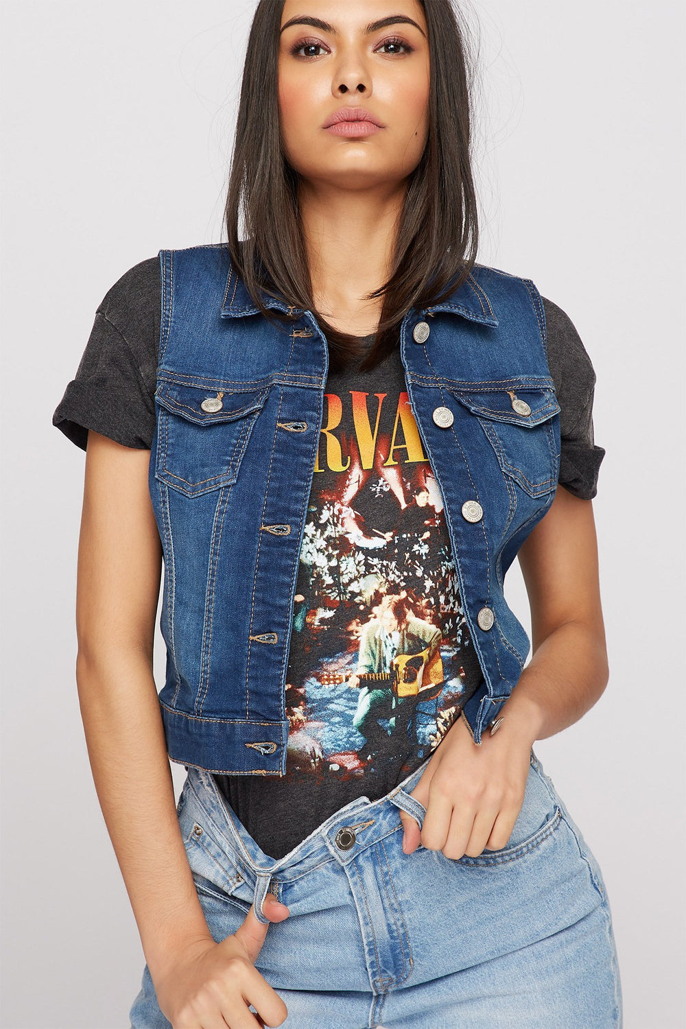 Women Cropped Denim Vest Medium Blue