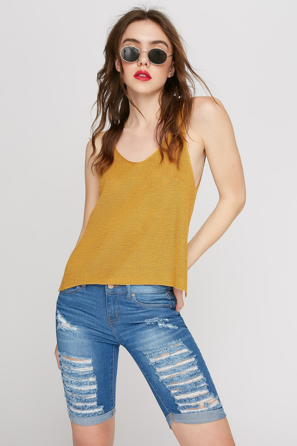Women Distressed Bermuda Short Medium Blue