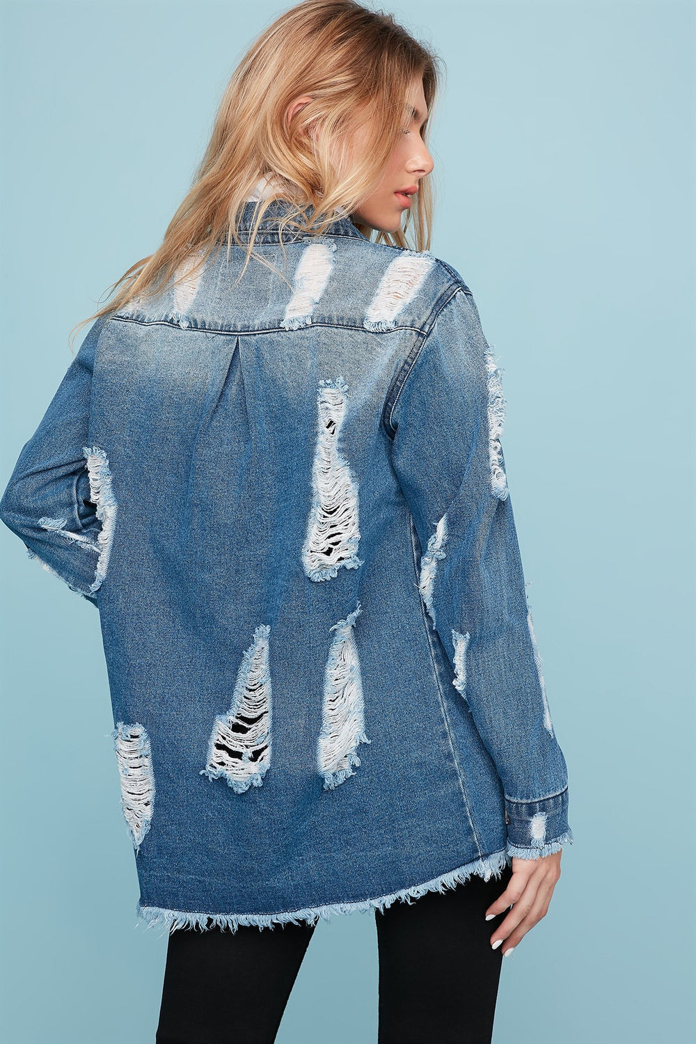 Women Distressed Frayed Hem Longline Denim Jacket Medium Blue