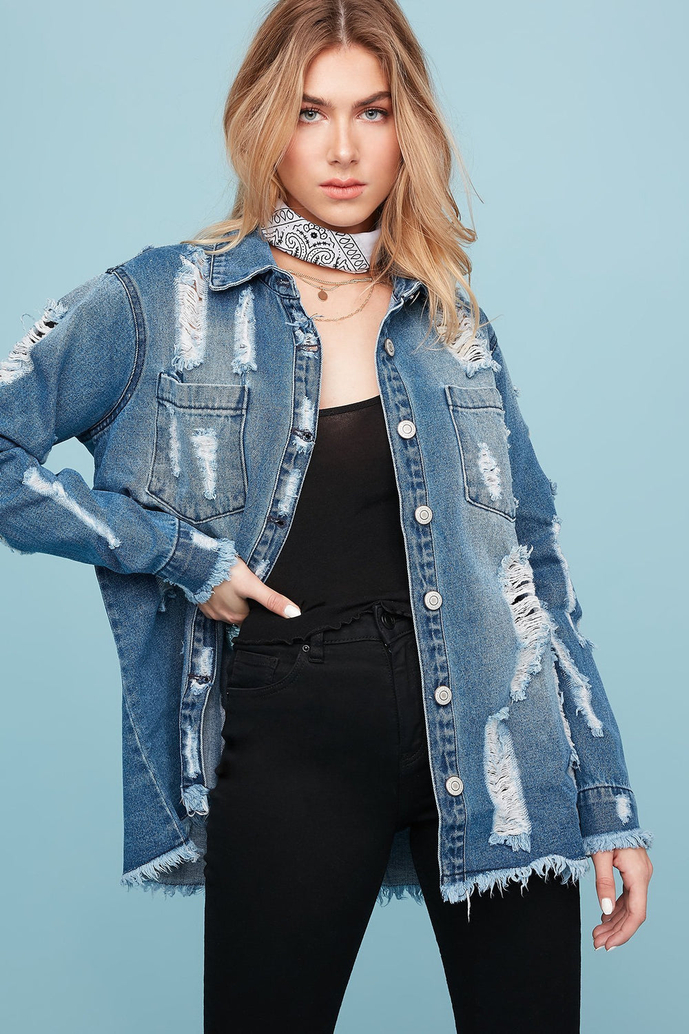 Women Distressed Frayed Hem Longline Denim Jacket Medium Blue