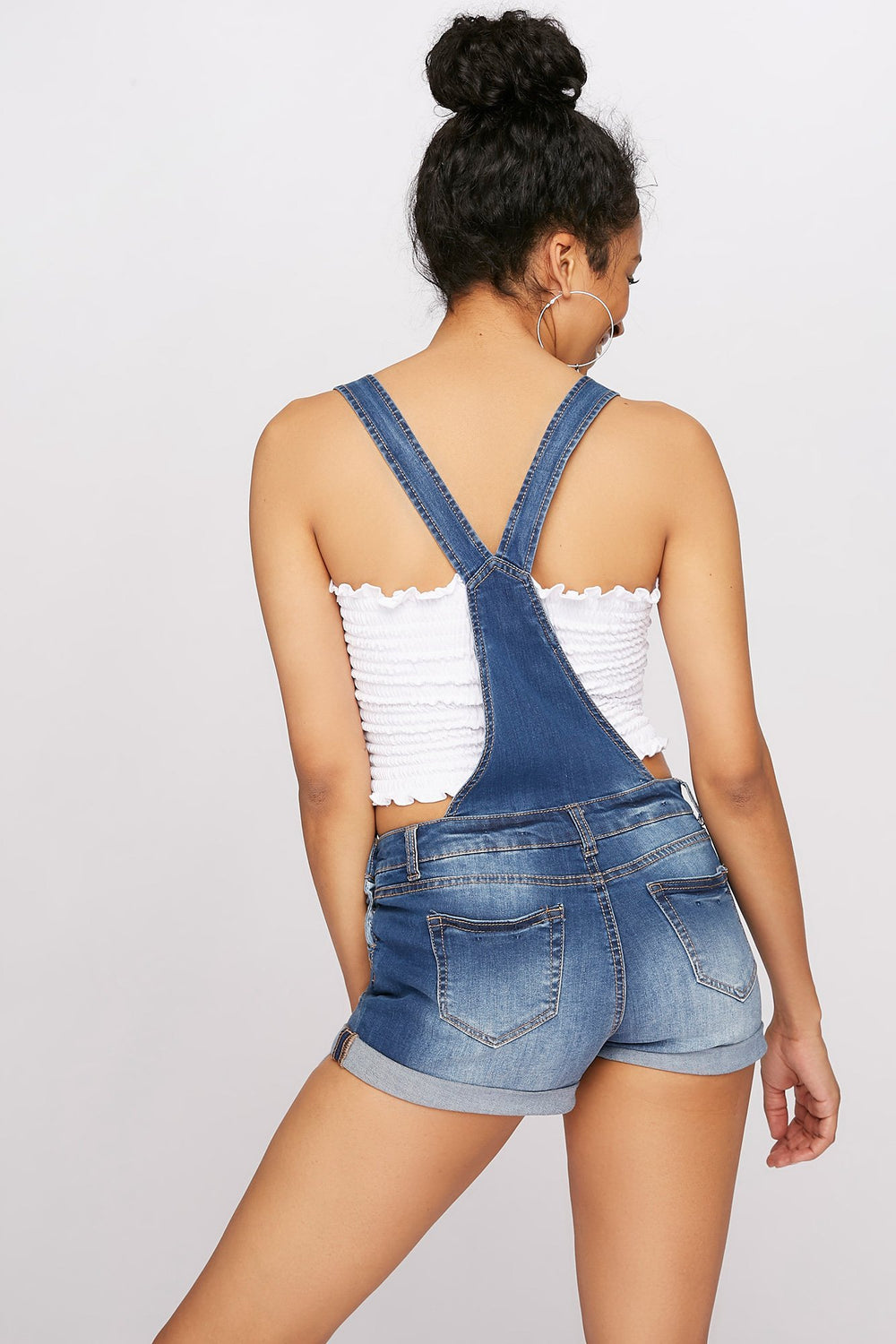 Women Distressed Roll-Up Denim Shortall Medium Blue