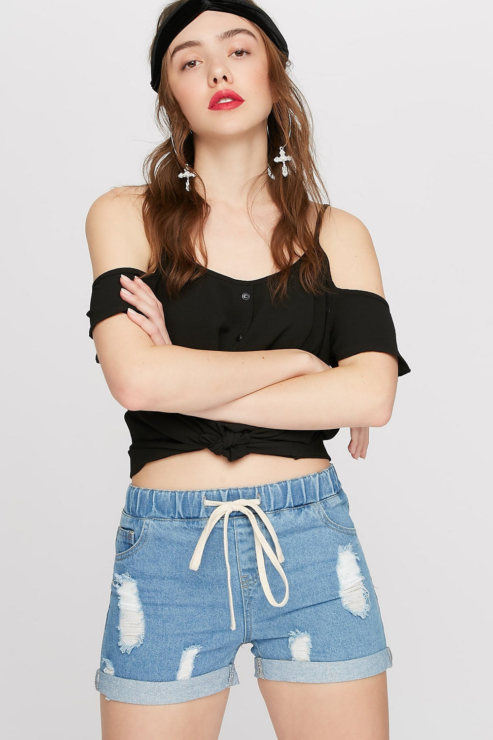 Women Distressed Roll-Up Drawstring Denim Short Medium Blue