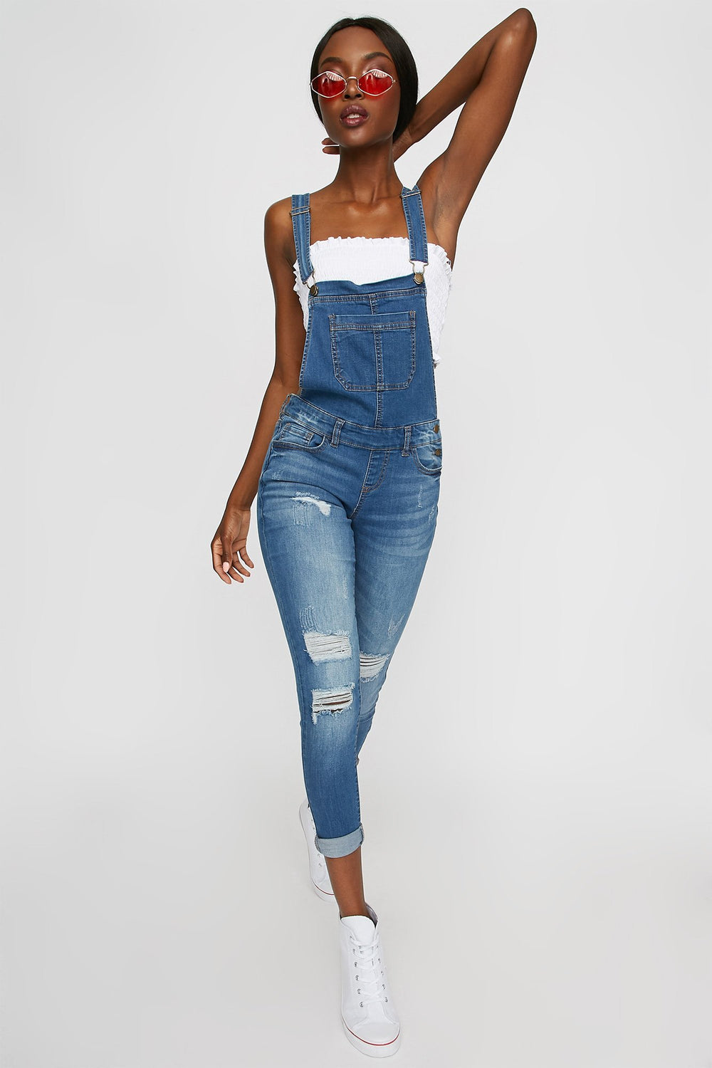 Women Distressed Roll-Up Skinny Denim Overall Medium Blue