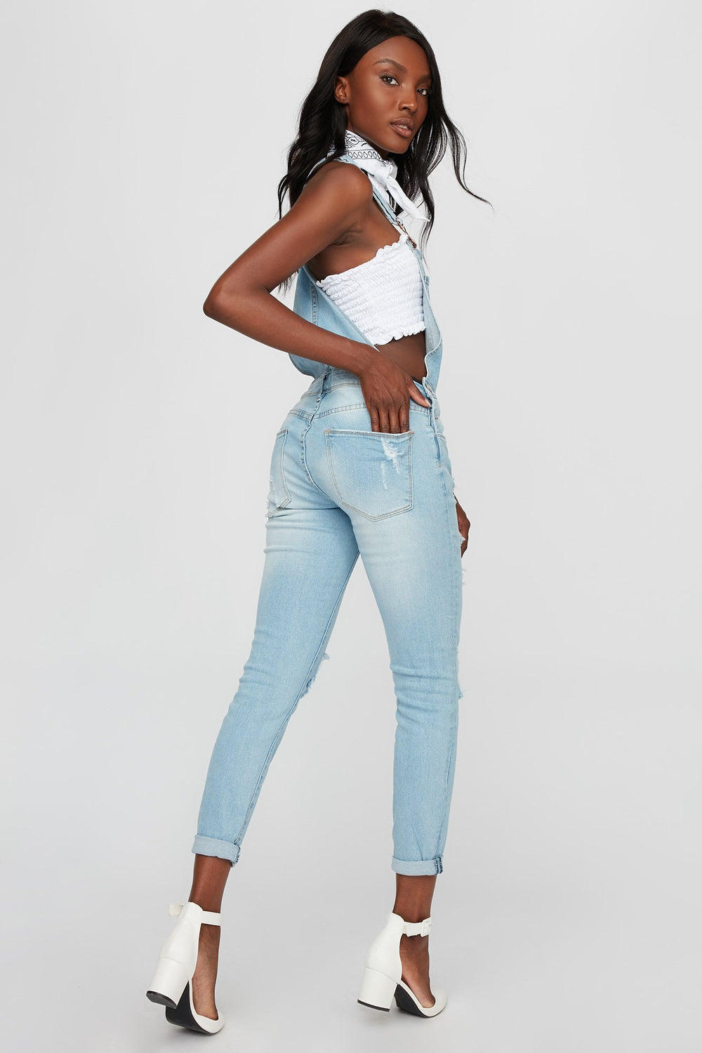 Women Distressed Skinny Denim Overall Medium Blue