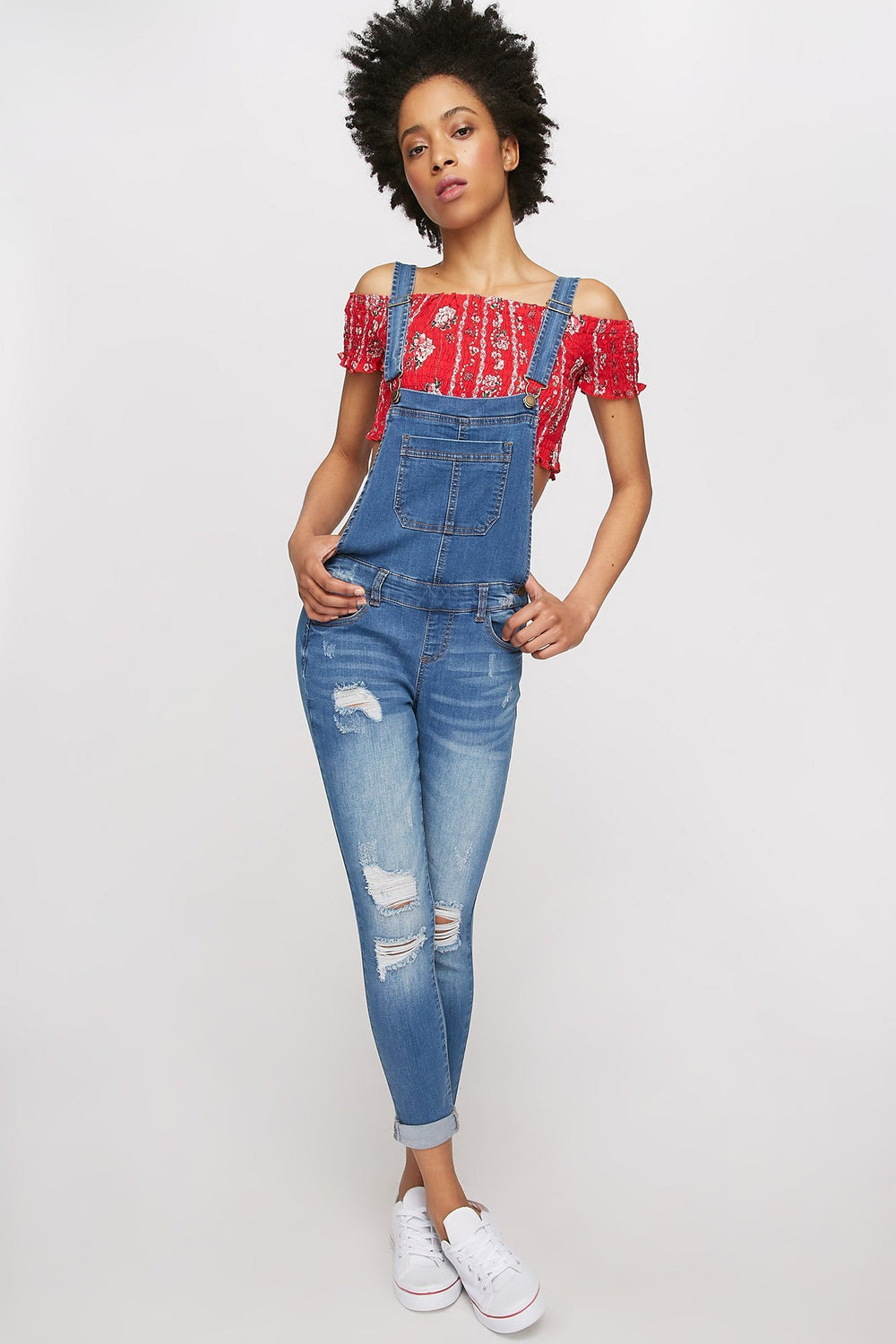 Women Distressed Skinny Overall Medium Blue