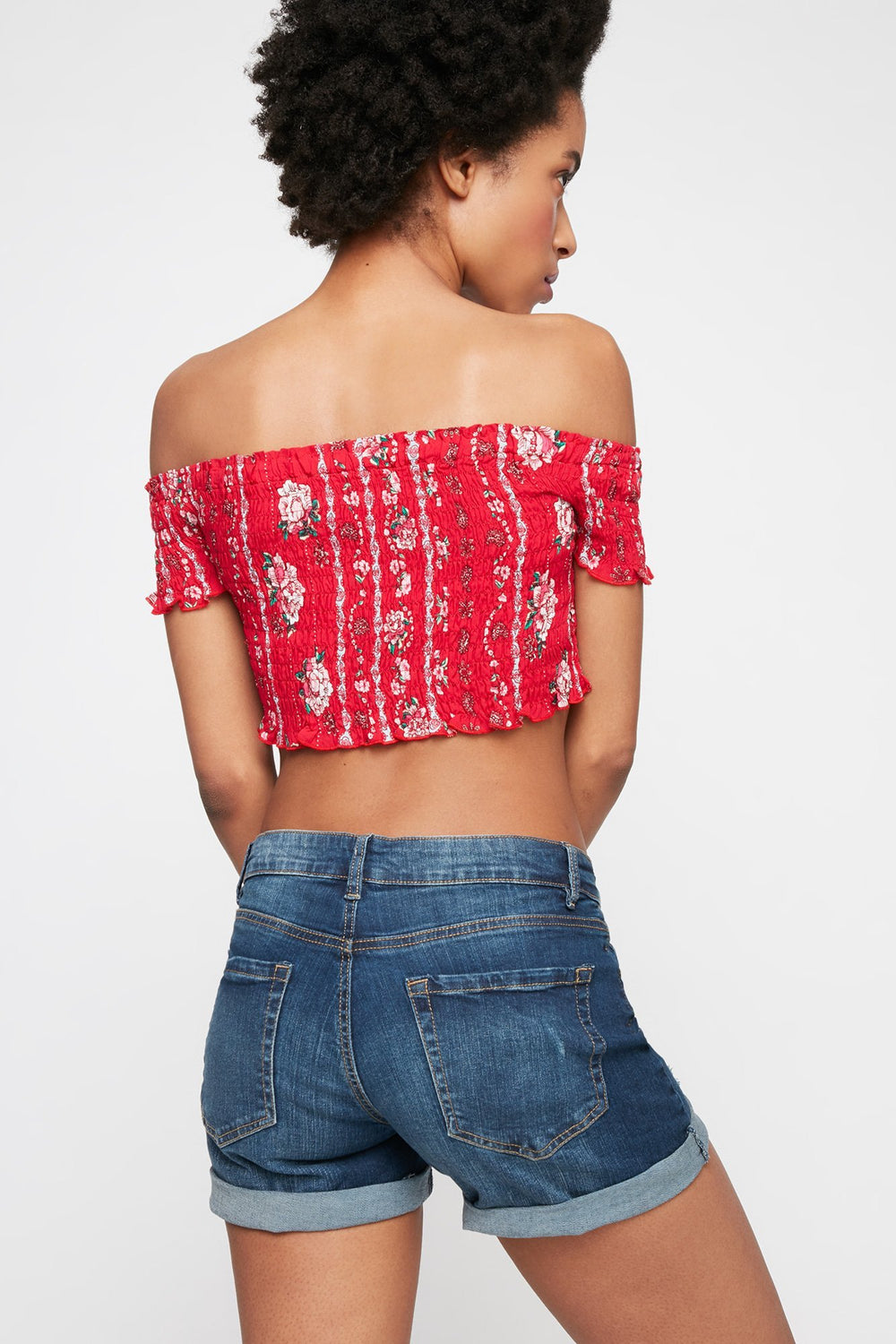 Women High-Rise Roll-Up Distressed Denim Short Medium Blue