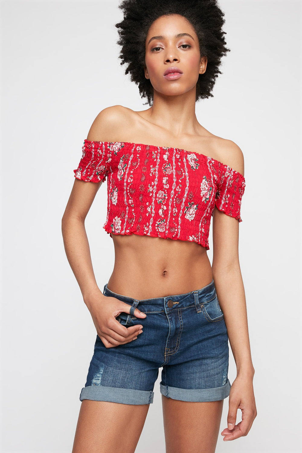 Women High-Rise Roll-Up Distressed Denim Short Medium Blue