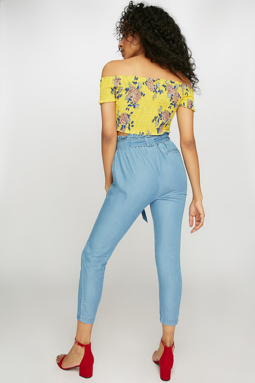 Women High-Rise Ruffle Chambray Self-Tie Paperbag Pant Medium Blue