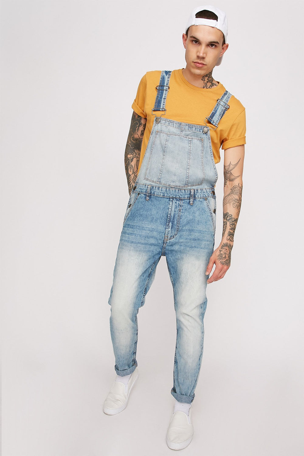 Men Light Wash Skinny Denim Overall Medium Blue