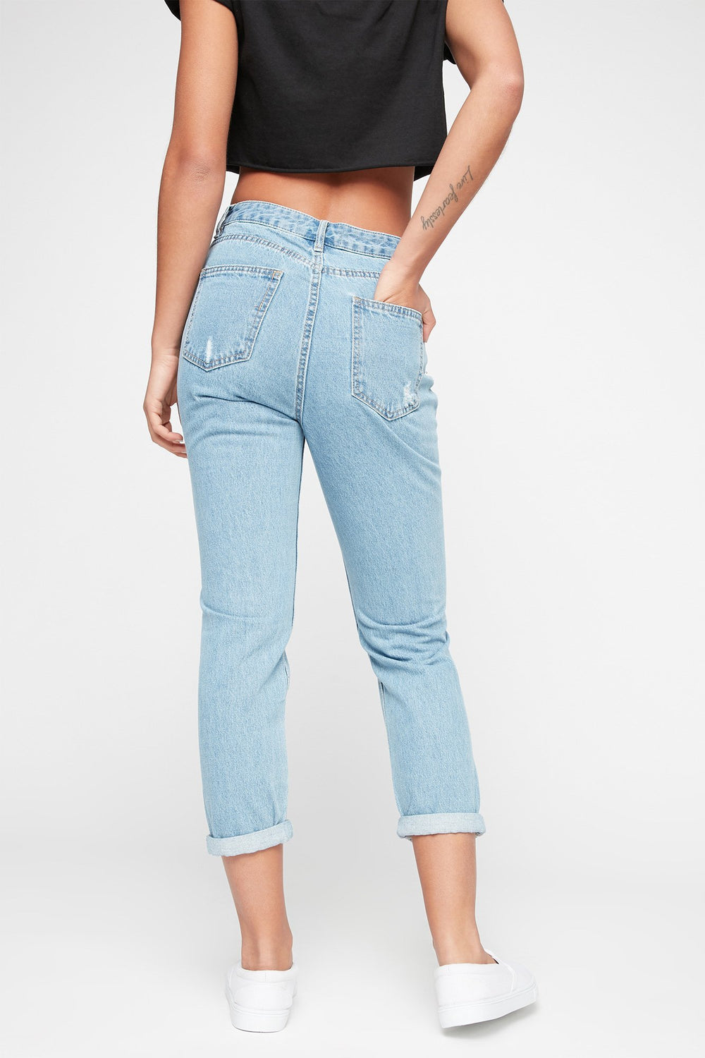 Women Medium-Wash High-Rise Distressed Mom Jean Medium Blue