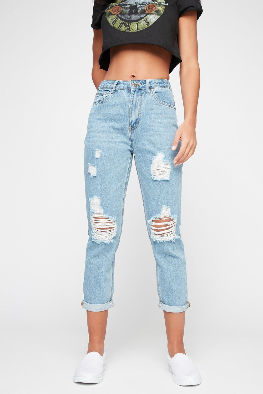 Women Medium-Wash High-Rise Distressed Mom Jean Medium Blue