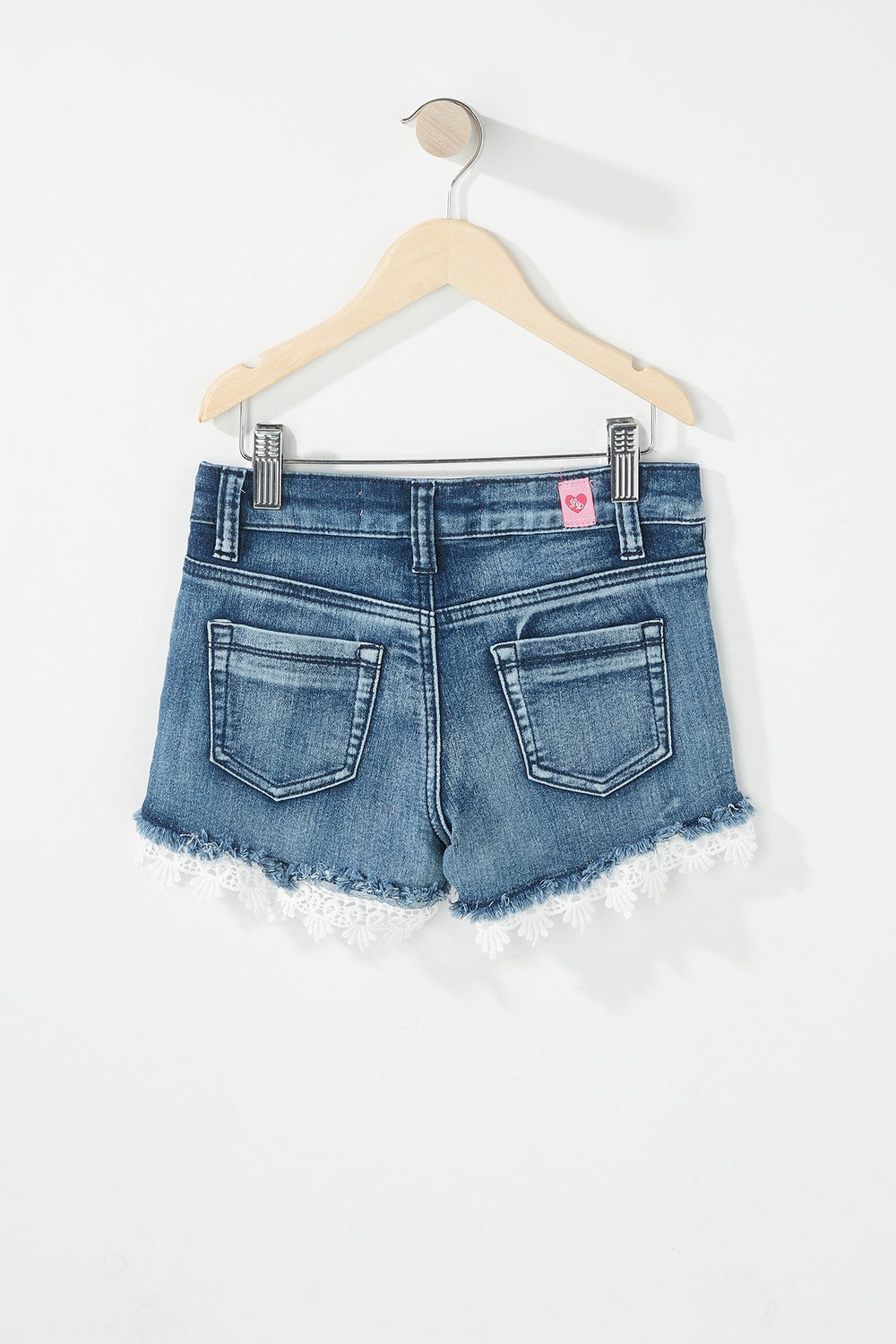 Kids Girls Crochet Hem Denim Short Medium Blue