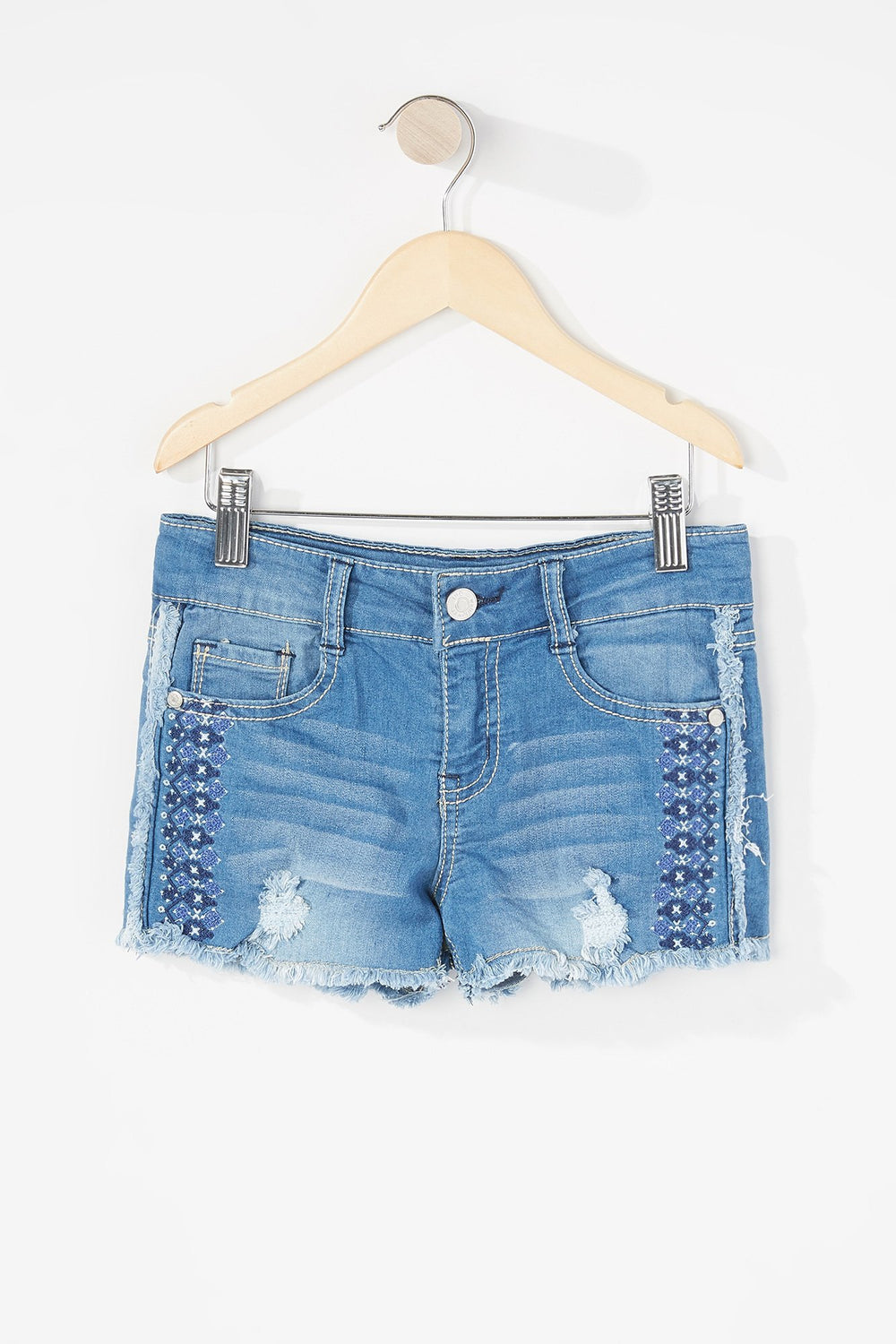 Kids Girls Embroidered Tribal Print Frayed Hem Distressed Denim Short Medium Blue