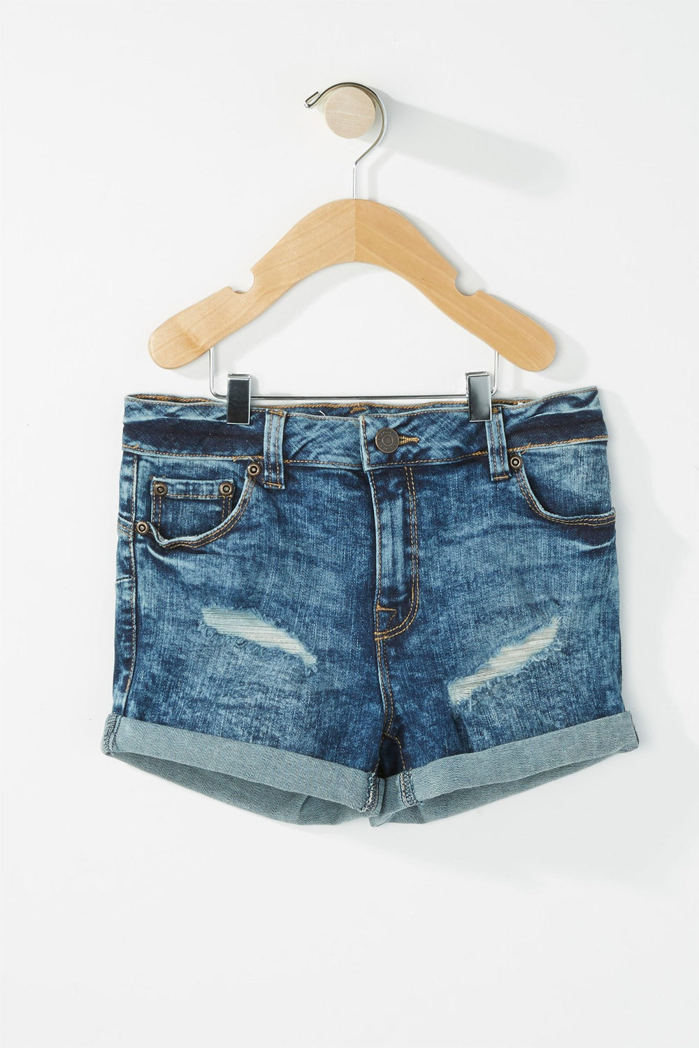 Kids Girls Roll-Up Distressed Denim Short Medium Blue