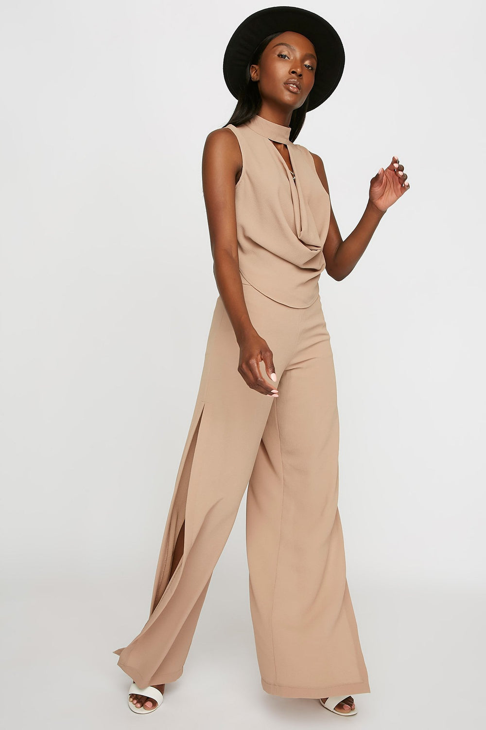Women Choker Cowl-Neck Crepe Tank With Necklace Medium Brown