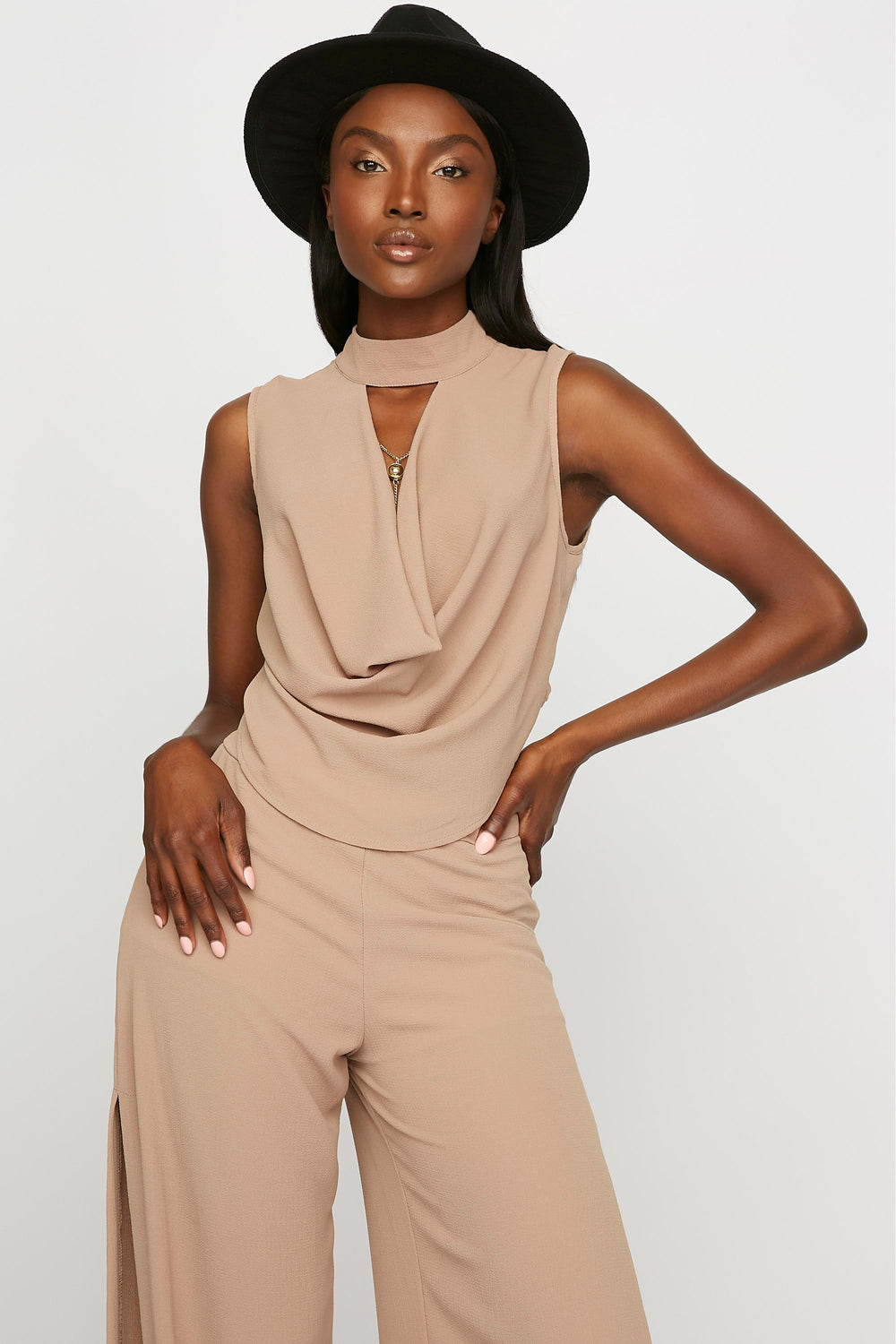 Women Choker Cowl-Neck Crepe Tank With Necklace Medium Brown