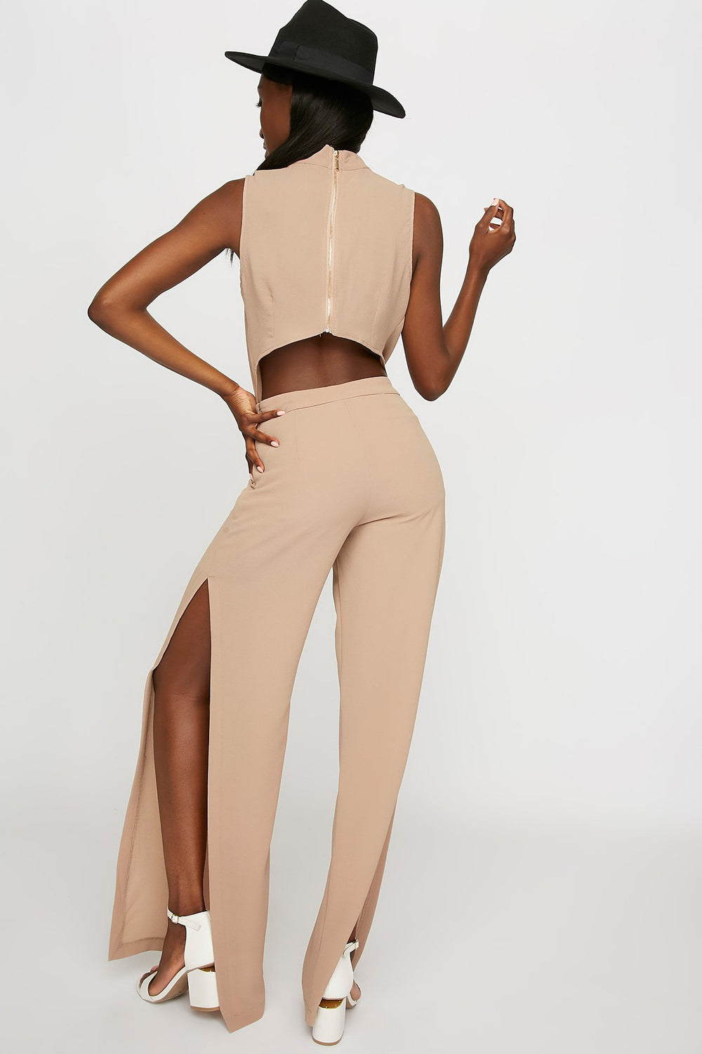 Women Side-Slit High-Rise Palazzo Pant Medium Brown