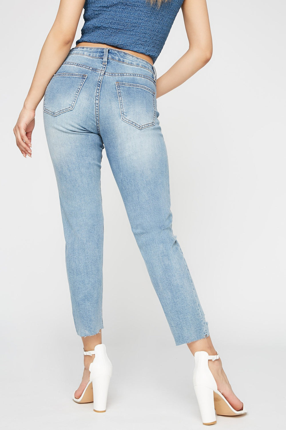 Distressed Knee Slit Pearl Cropped Jean Medium Denim Blue