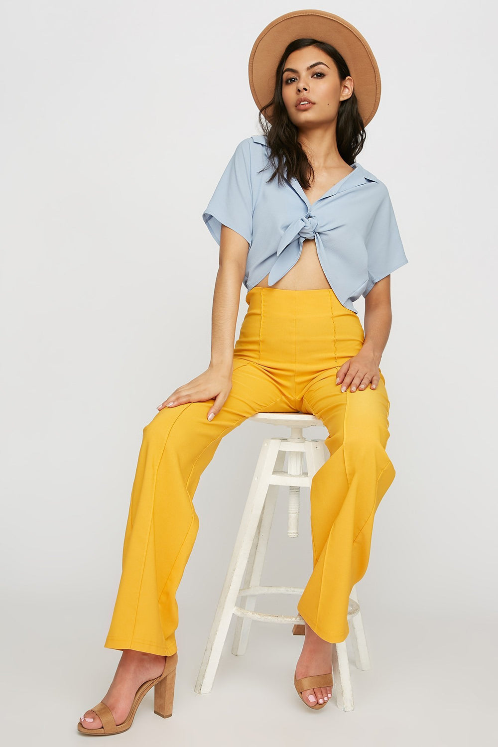 Women Pantalon nervuré à jambe large et taille haute Moutarde