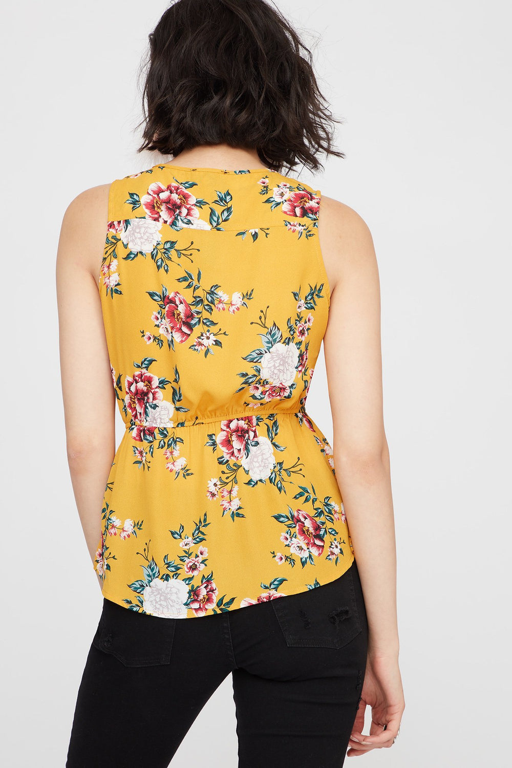 Women Blouse fleurie à taille coulissante et demi-fermeture à glissière Moutarde
