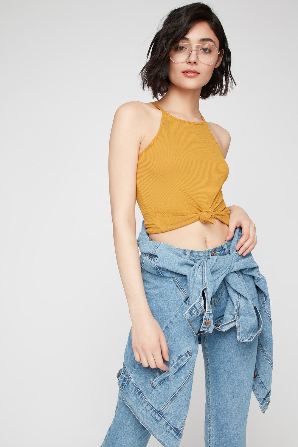 Women Camisole côtelée à col roulé Moutarde