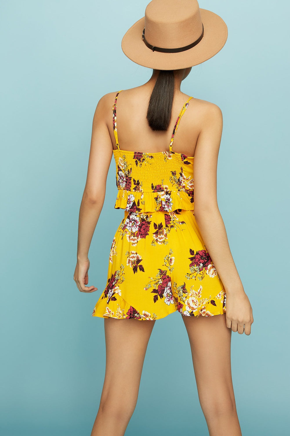 Women Camisole fleurie courte volantée lacée Moutarde