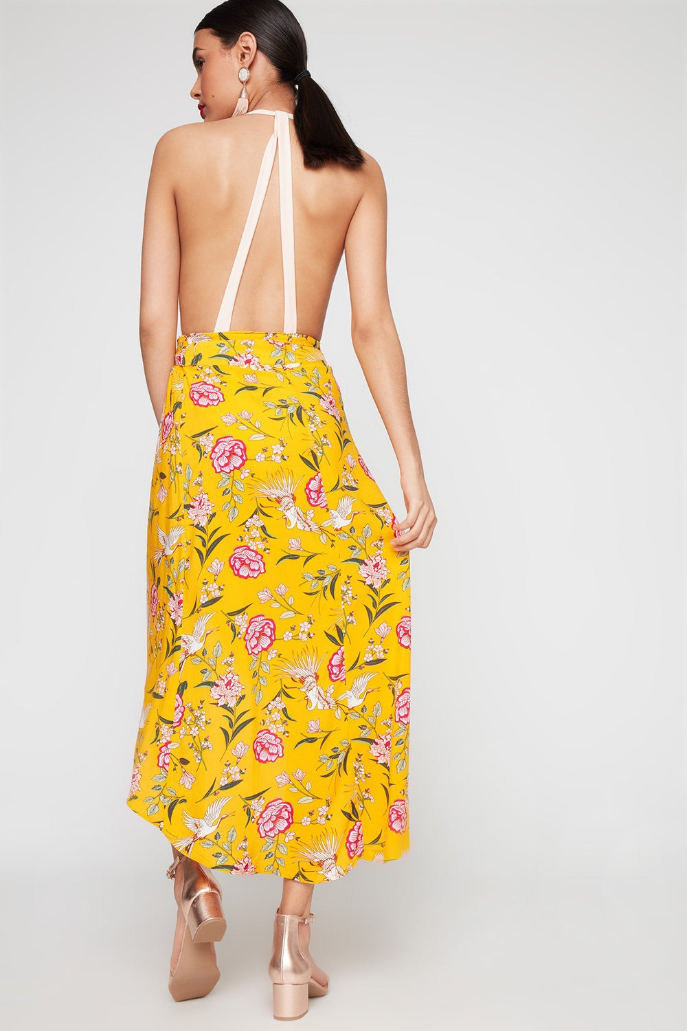 Women Jupe maxi enveloppante fleurie à taille haute Moutarde