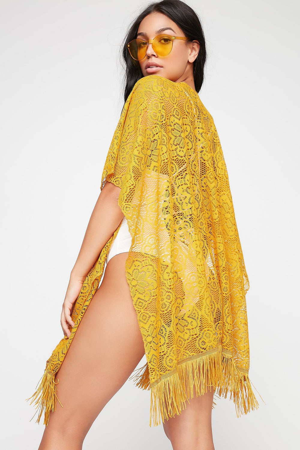 Women Kimono fleuri en dentelle avec franges Moutarde