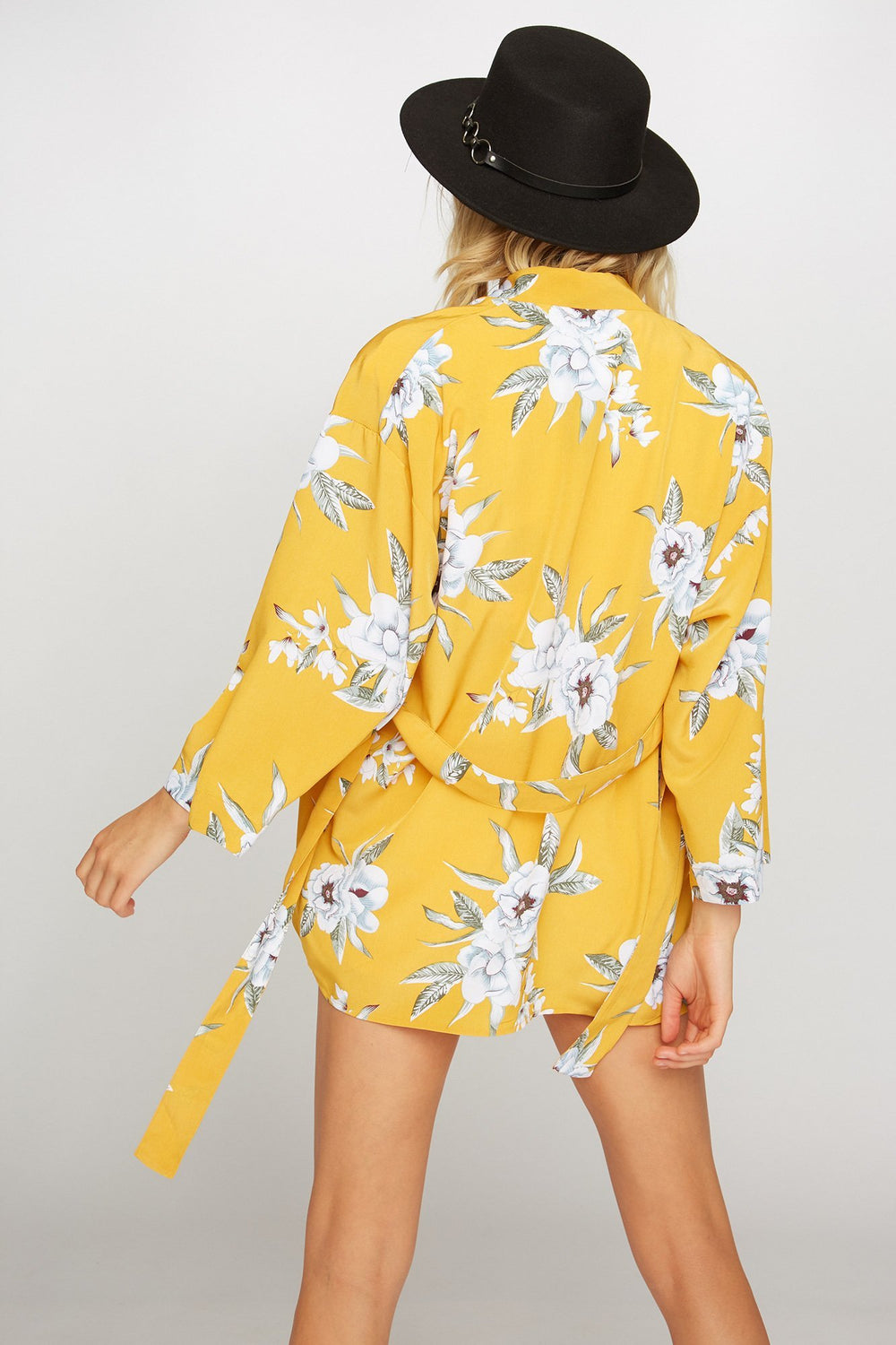 Women Kimono ouvert fleuri avec attache Moutarde