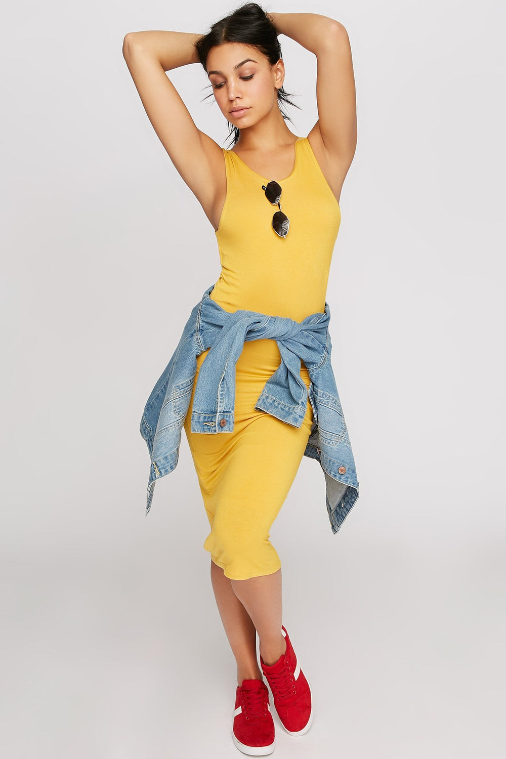 Women Robe maxi moulante sans manches Moutarde