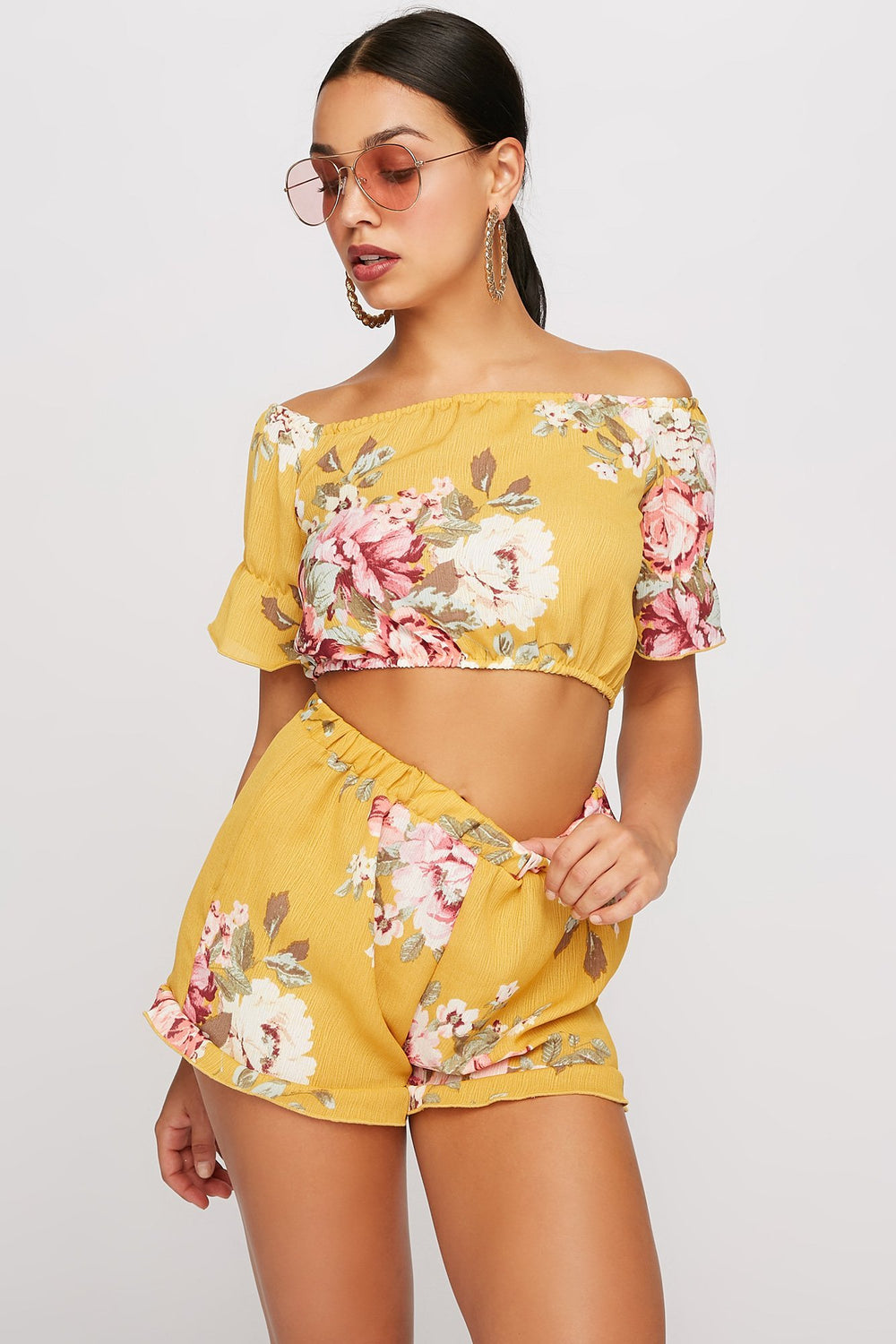 Women Short volanté fleuri à taille haute Moutarde
