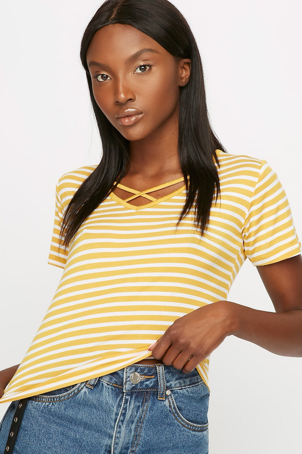 Women T-shirt cache-cur léger rayé Moutarde