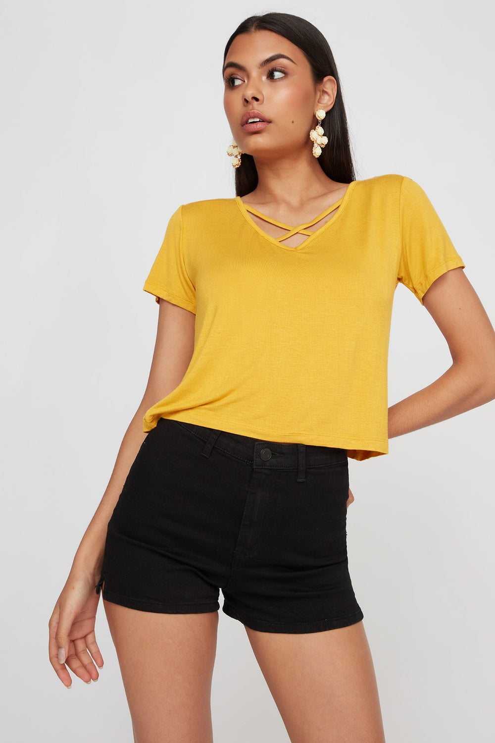 Women T-shirt de base léger à motif de cage au cou Moutarde