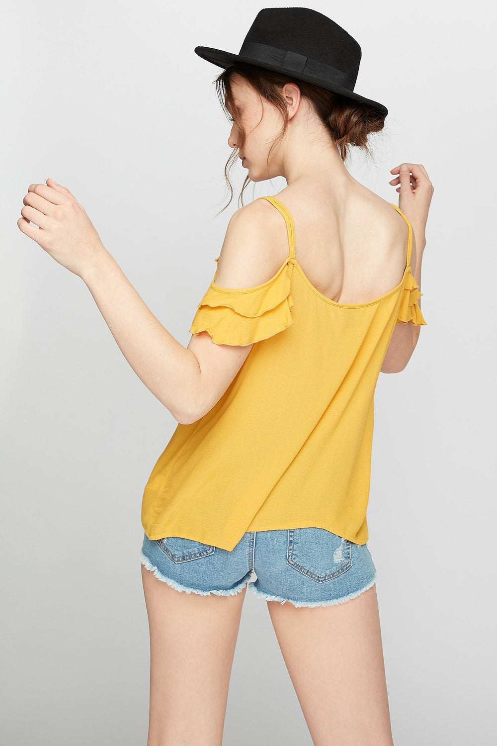 Women T-shirt volanté à motif de cage et épaules dénudées Moutarde