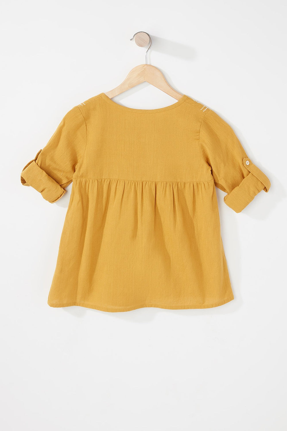 Kids Robe tissée à broderies florales avec revers roulés pour fille Moutarde