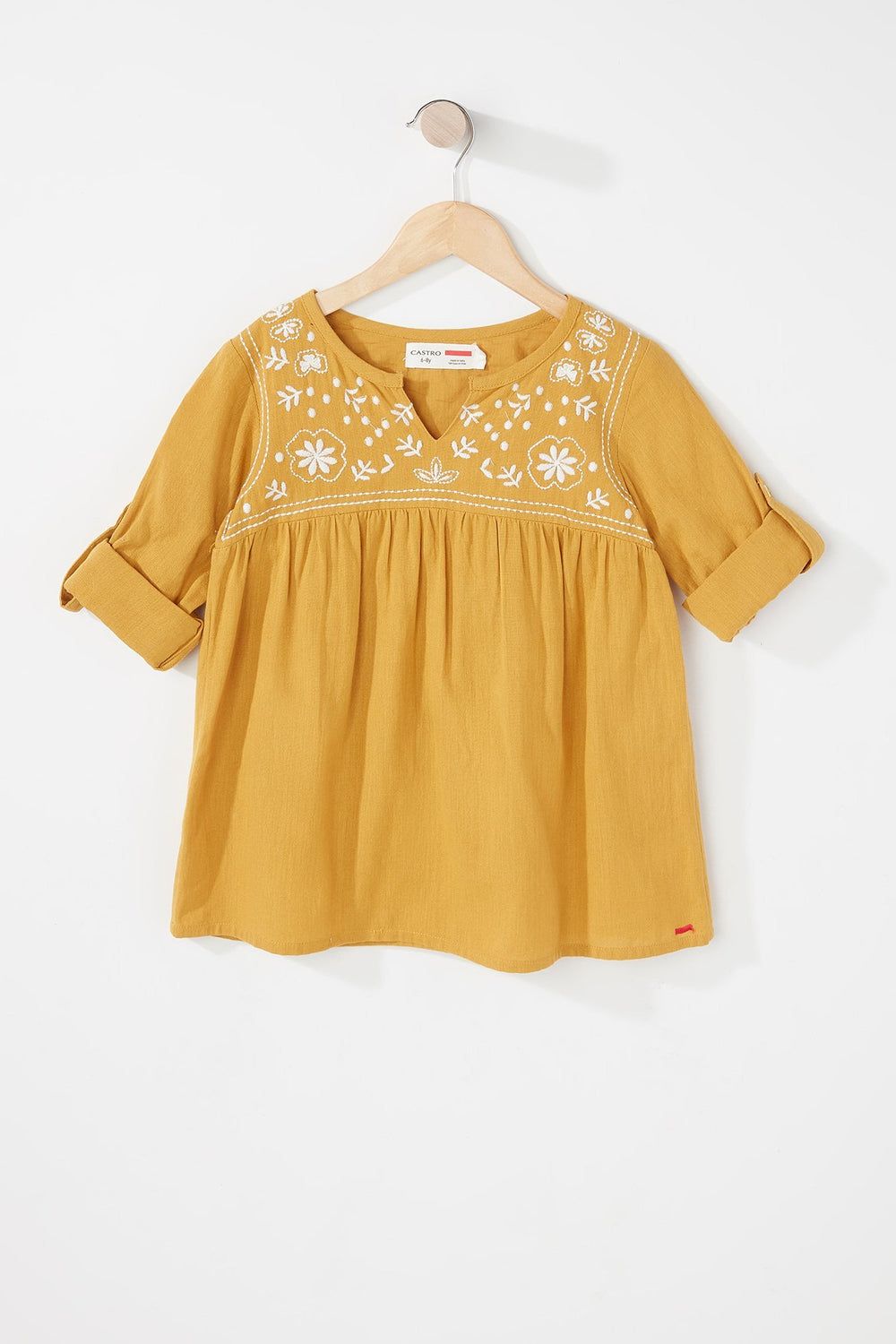 Kids Robe tissée à broderies florales avec revers roulés pour fille Moutarde