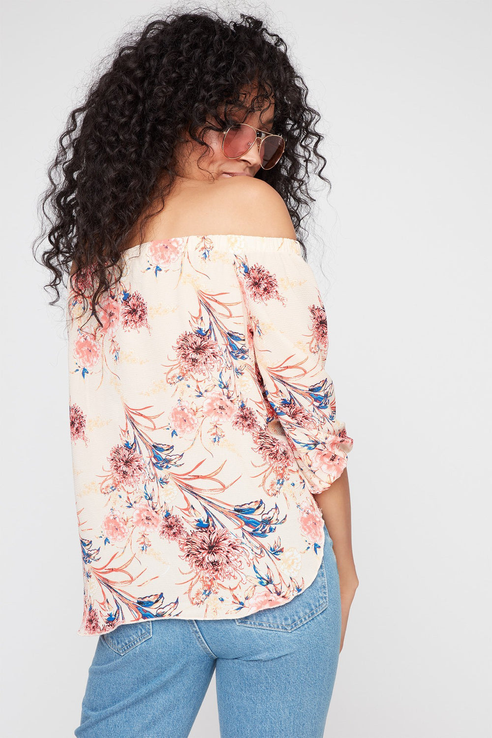Women Blouse imprimée nouée devant à épaules dénudées Multi