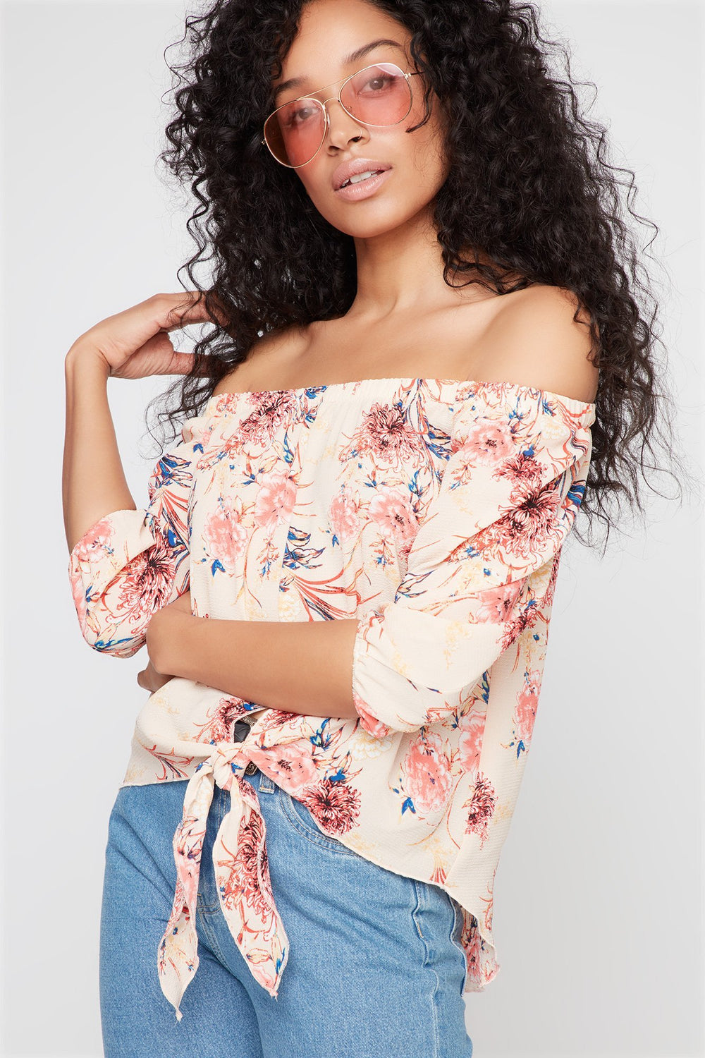 Women Blouse imprimée nouée devant à épaules dénudées Multi