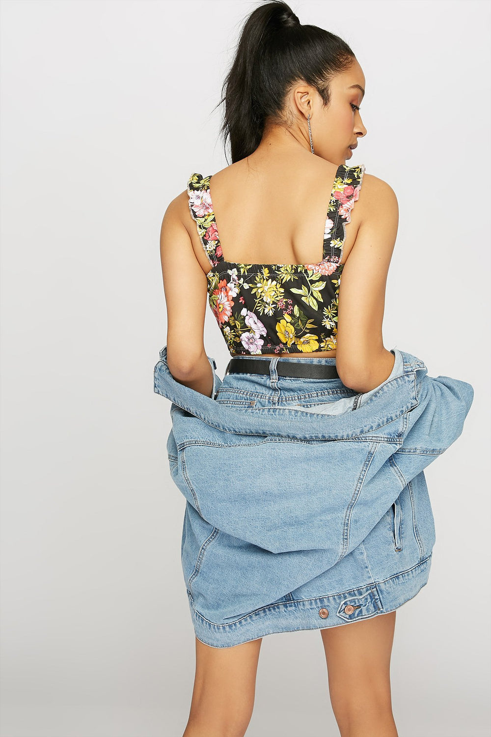 Women Floral Ruffle Cinched Cropped Tank Multi
