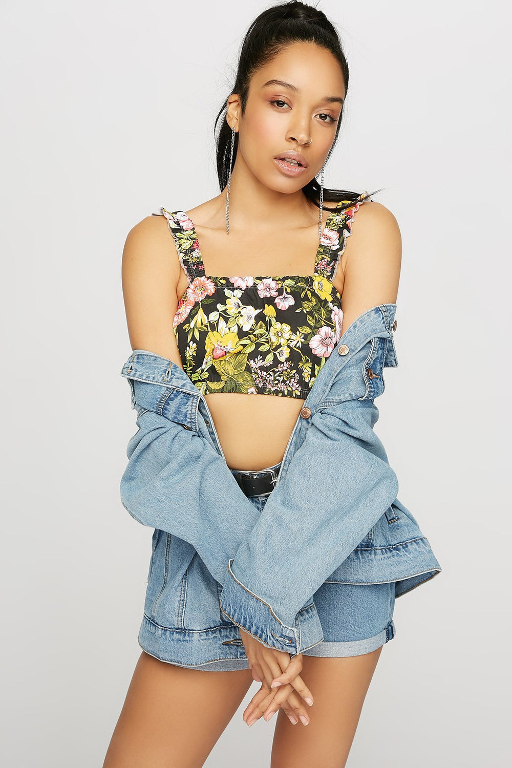 Women Floral Ruffle Cinched Cropped Tank Multi