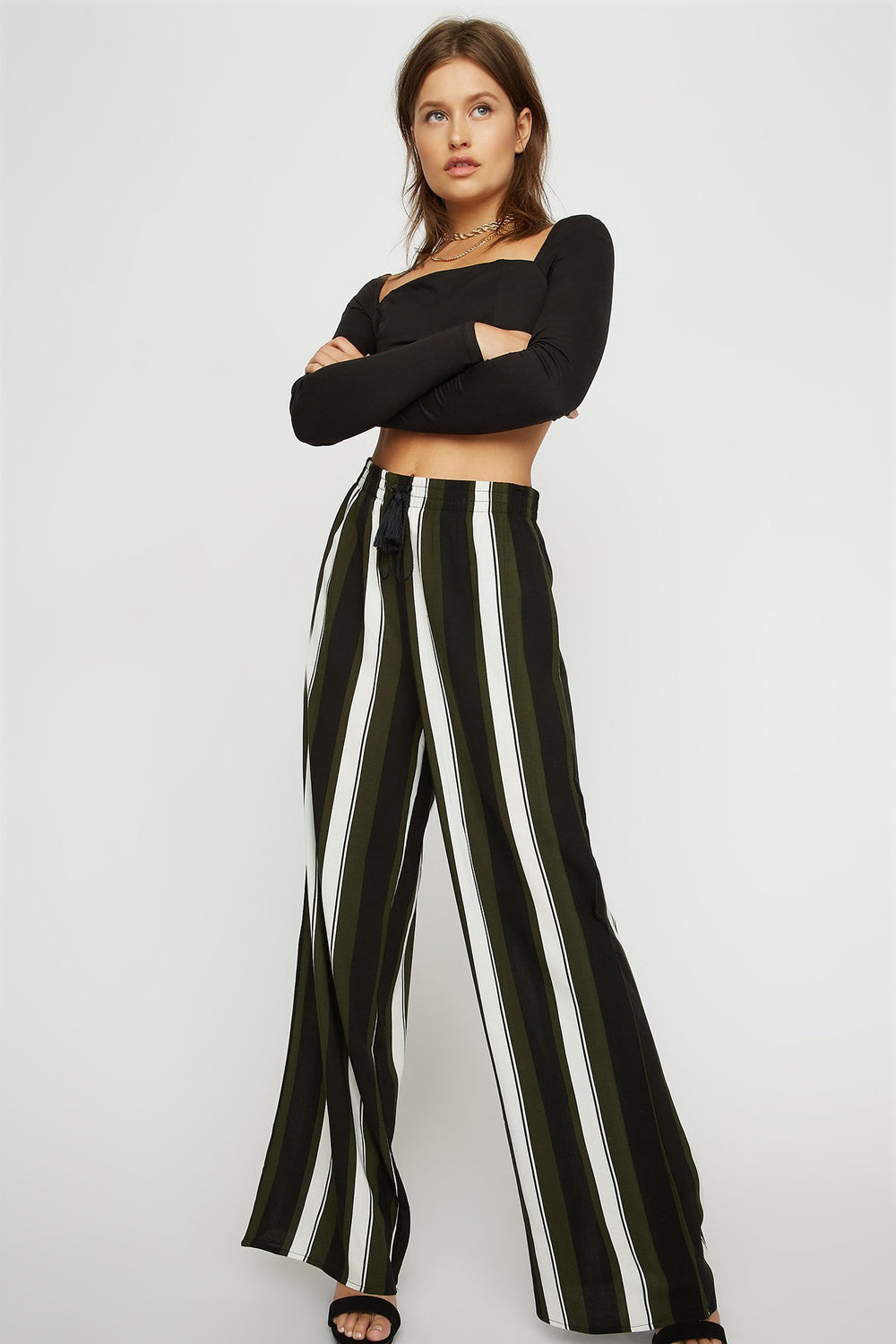 Women Jupe-culotte rayée avec pampilles et taille coulissante Multi