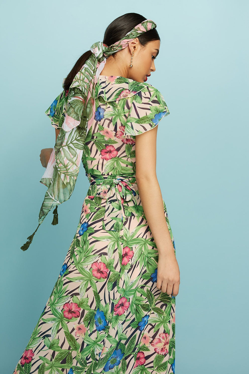 Women Mesh Floral Ruffle Wrap Blouse Multi