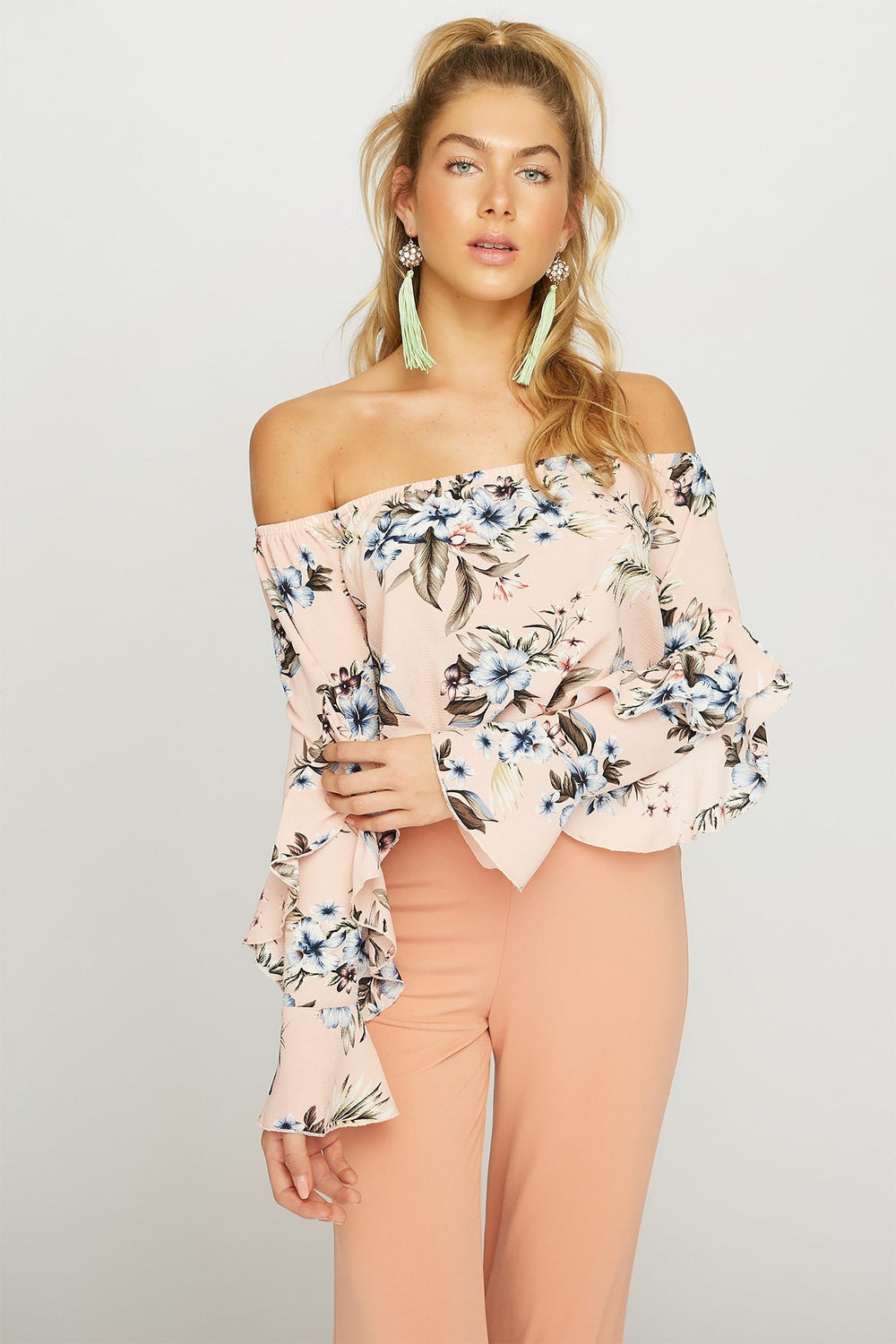 Women Off The Shoulder Ruffle Cinched Floral Bell Sleeve Blouse Multi
