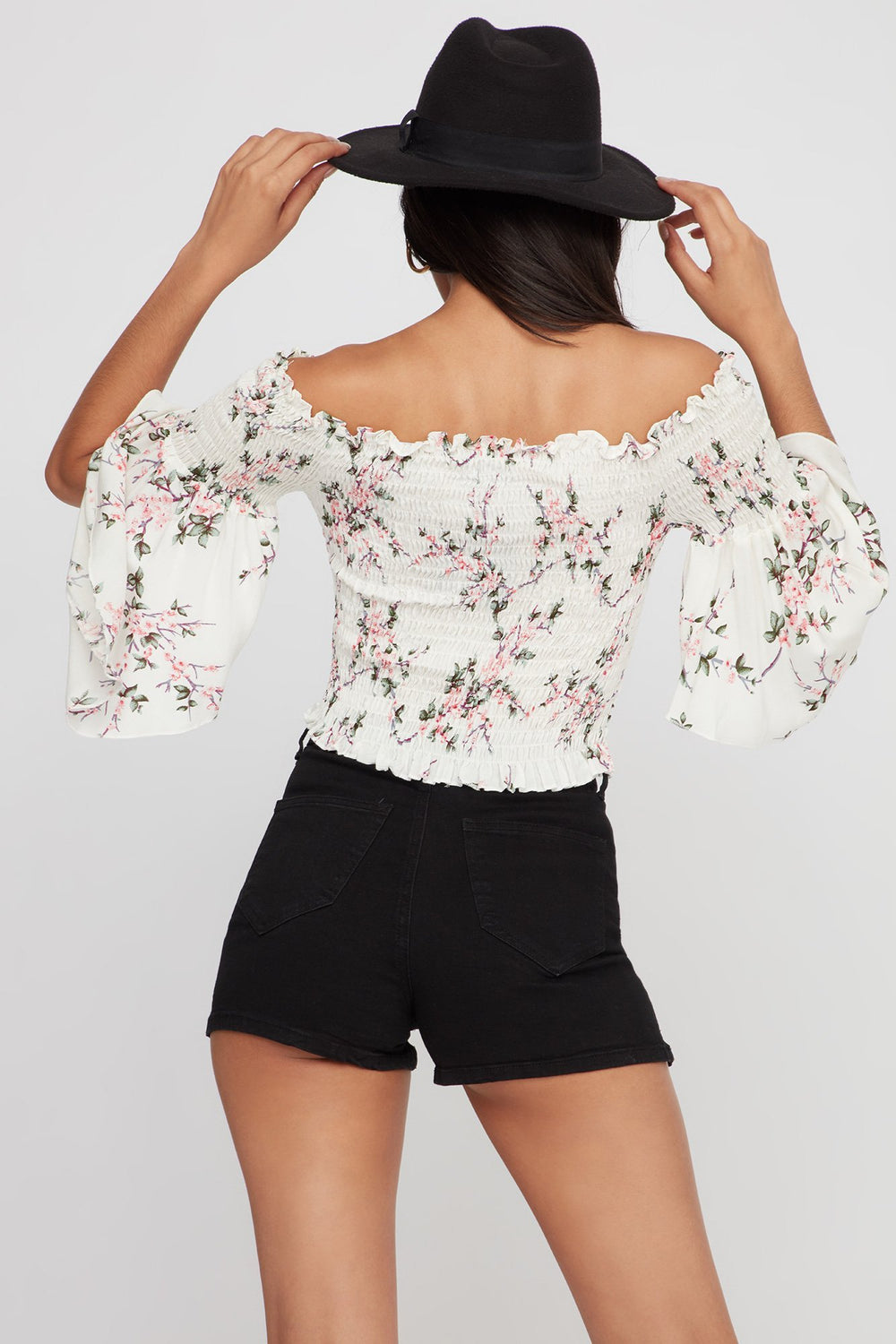 Women Off The Shoulder Smocked Floral Cropped Bell Sleeve Blouse Multi