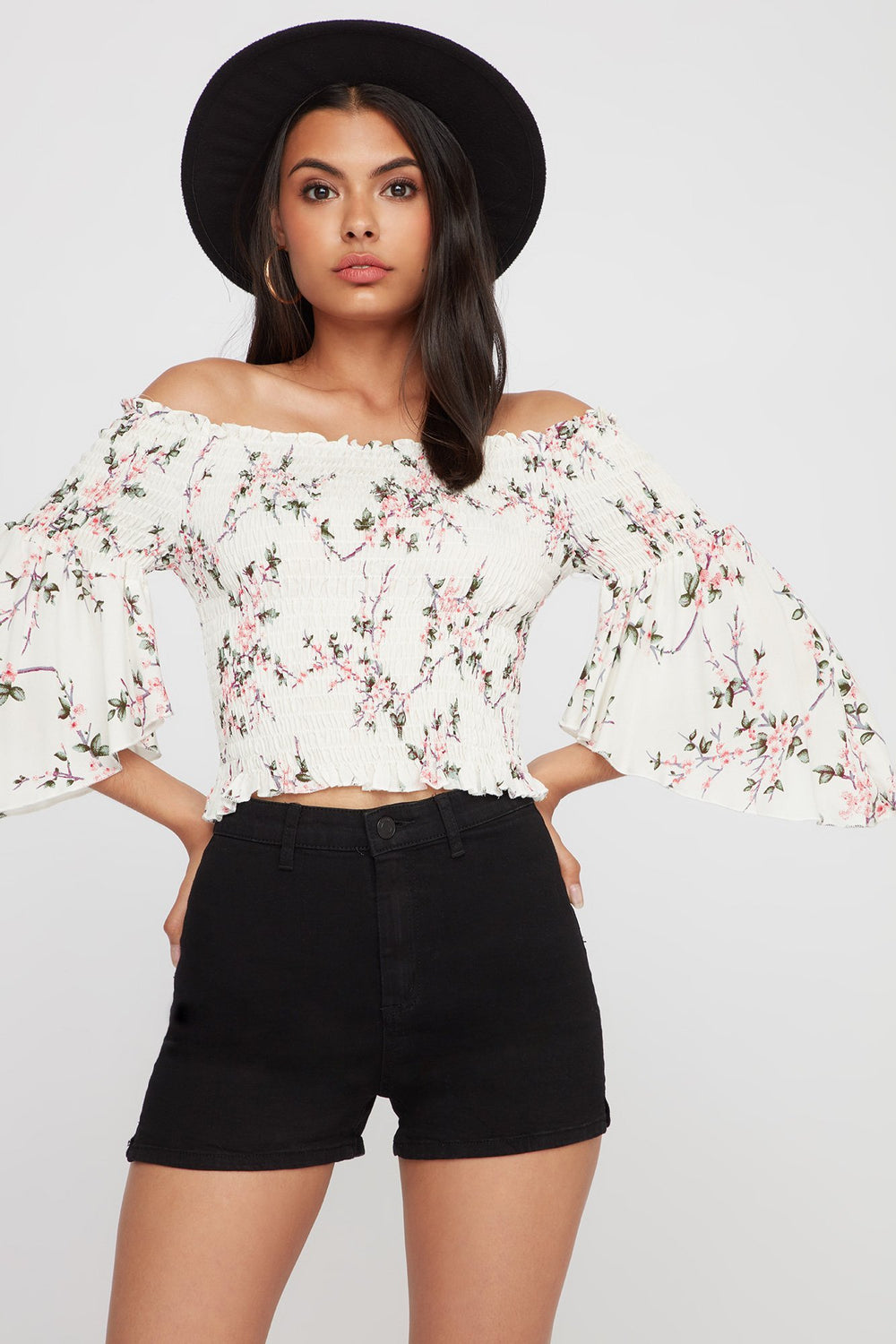Women Off The Shoulder Smocked Floral Cropped Bell Sleeve Blouse Multi