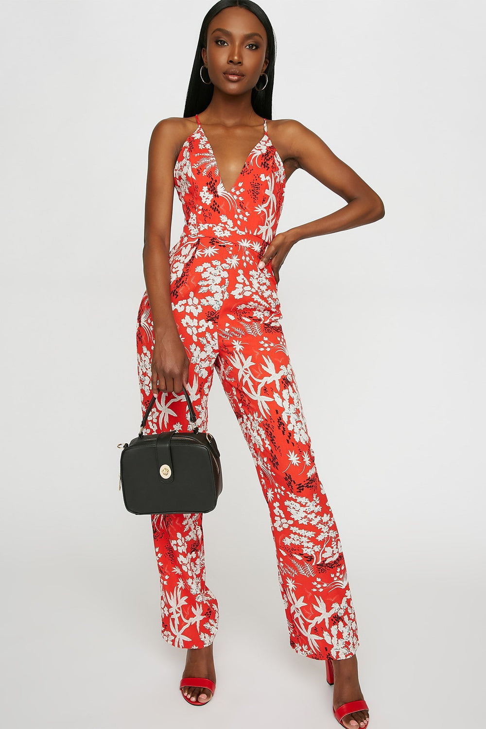 Women Plunging V-Neck Printed Cross-Back Jumpsuit Multi