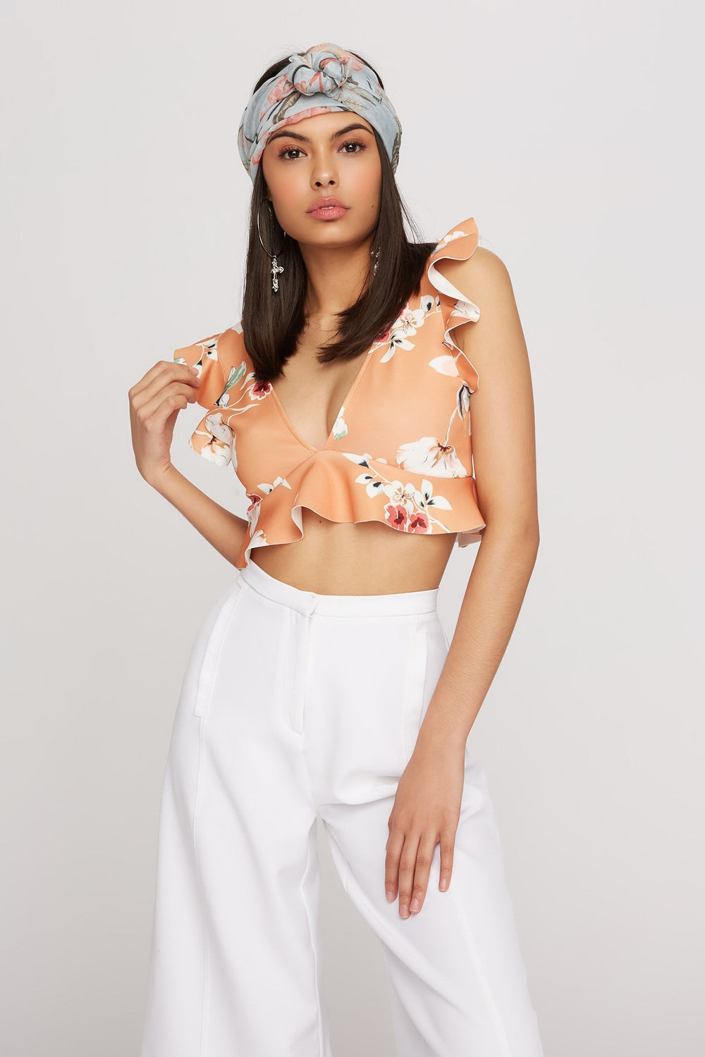 Women Printed Scuba V-Neck Ruffle Cropped Blouse Multi