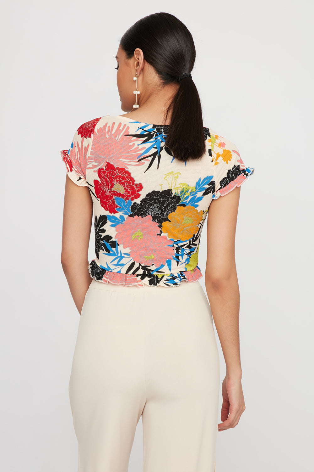 Women Ruffle Floral Button-Up Cropped Blouse Multi